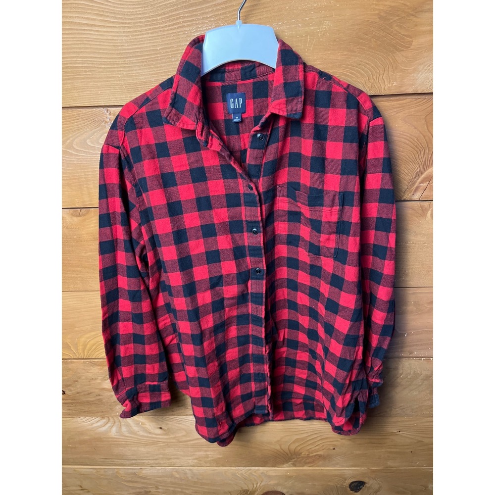 GAP Womens Red Black Buffalo Plaid Flannel Long Sleeve Button Up‎ Shirt Medium